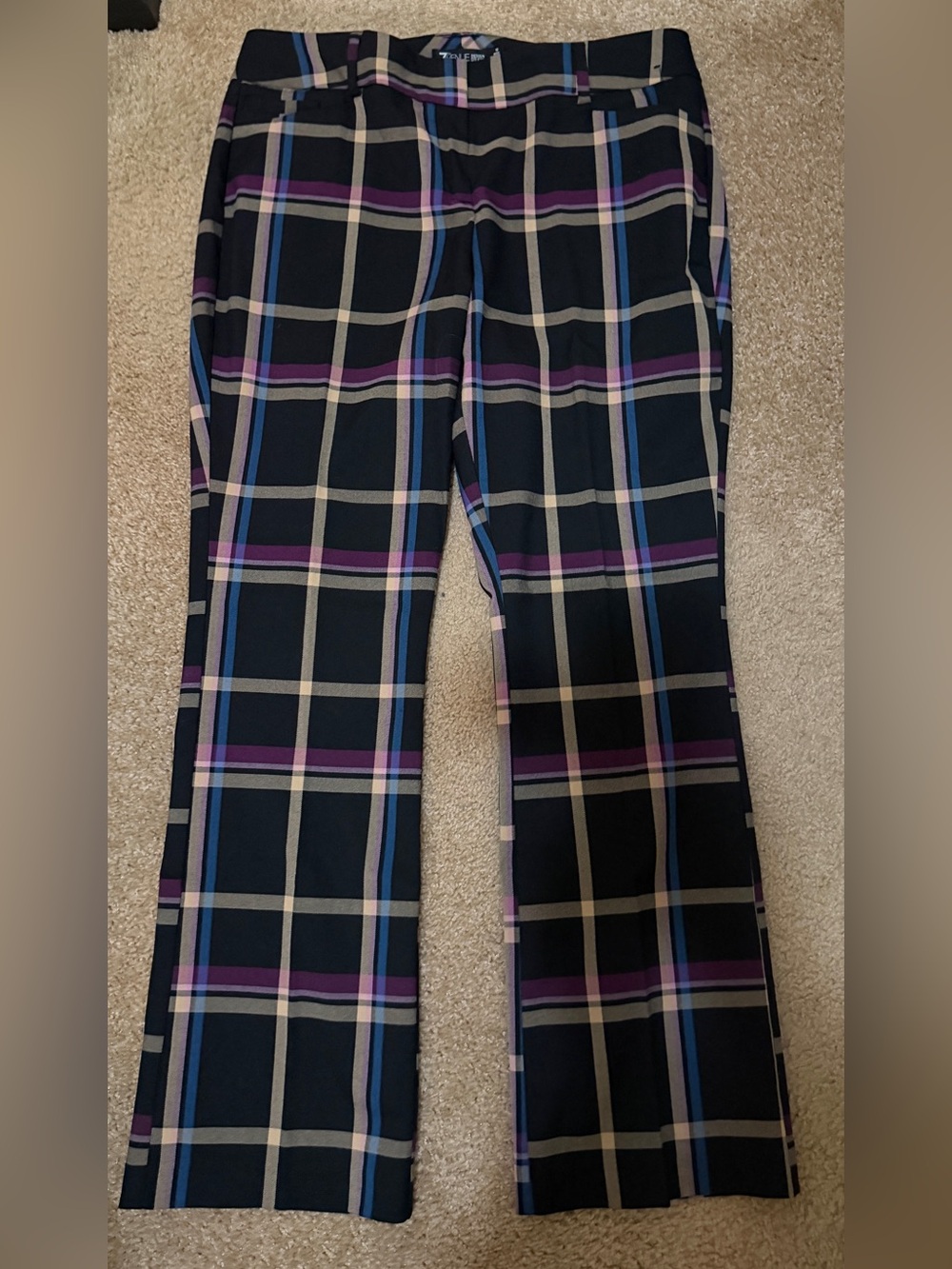 Avenue Black Plaid Pants with Purple & Blue Stripes